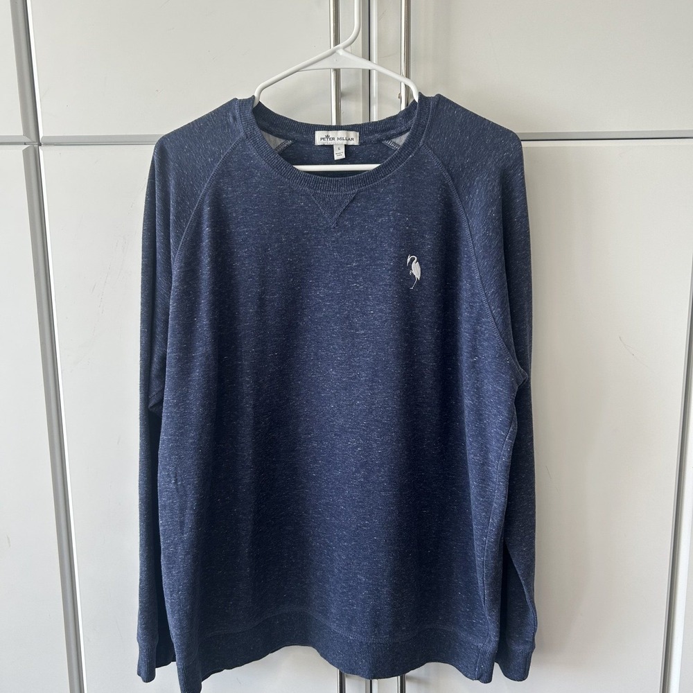 Peter Millar Mens Blue Heathered Flamingo Logo Raglan Crewneck Sweatshirt L